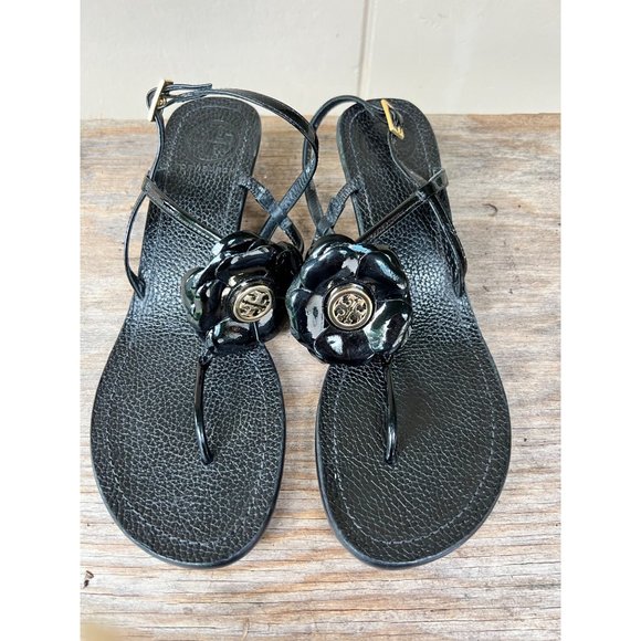 TORY BURCH Reva Logo Flower Blossom Logo Thong Wedge Sandals Breely 8 - Picture 1 of 10